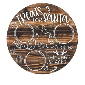 Round wooden Christmas treat board for Santa milk cookies and reindeer snacks festive decor.