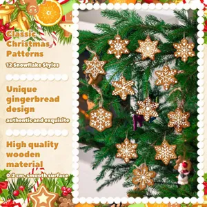 Christmas wooden hanging ornaments with gingerbread snowflake design, 12 styles, party decor.