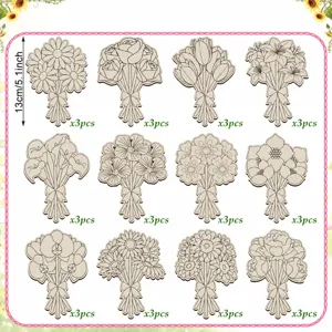 Wooden flower craft size chart showing 36 pieces DIY painting wooden floral decorations details