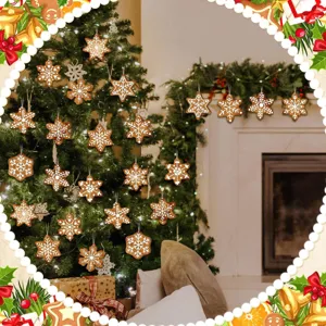 Christmas wooden snowflake hanging pendants, rustic tree ornaments for holiday party home decor.