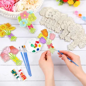 Detail view of kids DIY wooden flower painting craft set with brushes and color palette.