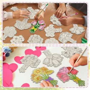Wooden flower bouquet cutouts detail view, perfect for children DIY painting and spring crafts.