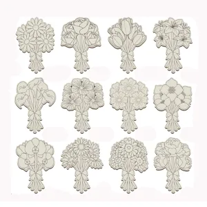 Wooden flower bouquet shapes for kids DIY painting craft. Laser cut wooden blanks decor set.