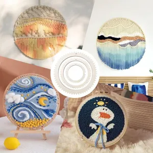 Detail view of children DIY wooden loom kit with circular gear and finished woven crafts.
