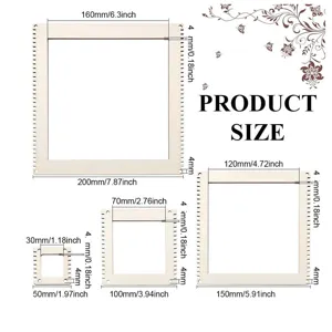Wooden weaving loom kit size specification diagram with multiple square wood frame dimensions.