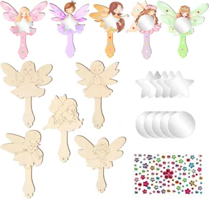 Kit Artigianale Specchietto Mano Legno Fai da Te Set Specchio Fata Legno Non Dipinto Con Adesivi Strass Per Decorazione Festa Bambini
