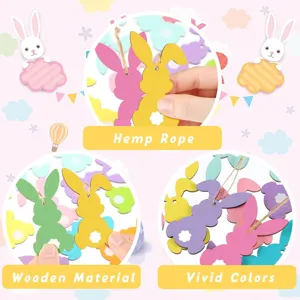 Close-up detail of Easter wooden bunny hanging ornaments with hemp rope and vivid colors.