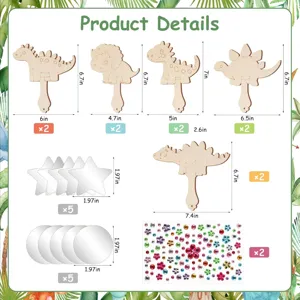 Set di specchi a mano fai da te in legno dinosauro 10pz con stelle cerchi strass per bambini