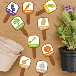 Wooden garden plant labels detail view, cute vegetable icons stake markers for potted plants.