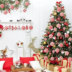 Wooden Christmas tree peppermint candy ornaments red and white hanging festive decor.