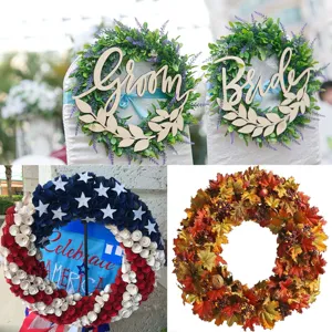 Handcrafted decorative wreath details, including wedding chair signs and holiday floral hoop styles.