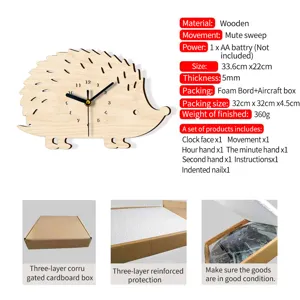 Holz Igel Wanduhr Detailansicht mit Maßen 33,6x22cm, 5mm Dicke und leisem Uhrwerk.