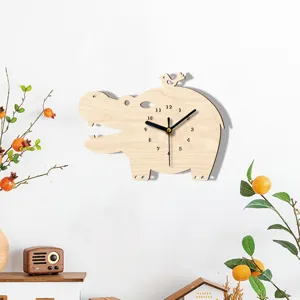 Holz Nilpferd Wanduhr fuer Kinder Schlafzimmer niedliche Tier Haengen Uhr Stumme Uhr