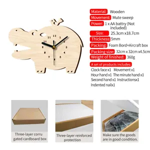 Hölzerne Cartoon Nilpferd Wanduhr leise Tieruhr für Kinderzimmer Schlafzimmer Dekor 25cm