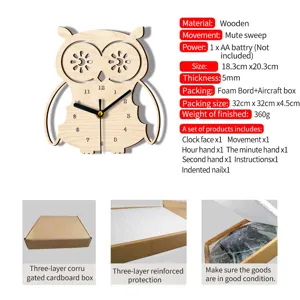 Holz Cartoon Eule Wanduhr mit leisen Uhrwerk und detaillierten Verpackungsspezifikationen.