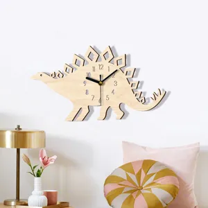Hölzerne Dinosaurier Wanduhr für Kinderzimmer, leise süße Cartoon Tier Uhr Dekoration.
