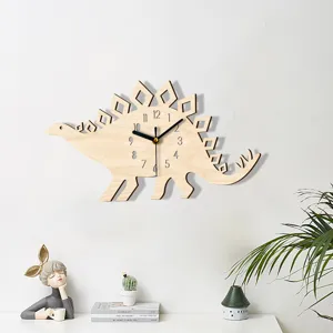 Holz Dinosaurier Wanduhr Cartoon Tier Stille Haengende Uhr fuer Kinderzimmer Dekor