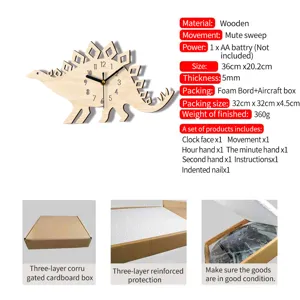 Holz Dinosaurier Wanduhr fur Kinderzimmer, gerauschloses Uhrwerk, 36x20.2cm, Dekoration.