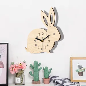 Wooden rabbit wall clock for kids room nursery bedroom quiet cute minimalist bunny time decor