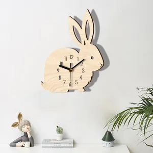 Wooden rabbit wall clock cute cartoon nursery decor silent hanging clock for kids bedroom