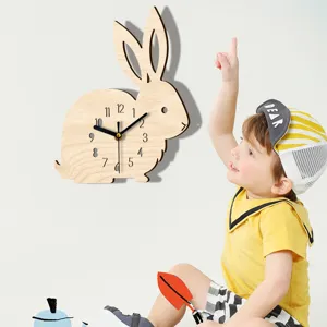 Cute wooden rabbit wall clock for kids room, silent cartoon decorative clock for bedroom decor.
