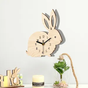 Wooden cartoon rabbit wall clock silent cute animal hanging clock for children room decor