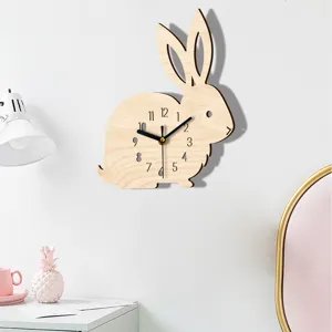 Wooden rabbit wall clock, cute cartoon silent hanging clock for kids room bedroom decor.