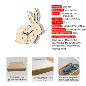 Wooden rabbit wall clock detail showing silent movement, compact size and protective packaging.