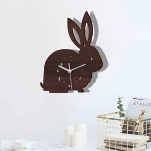 Wooden rabbit wall clock detail view, featuring silent movement and cute animal silhouette design.