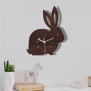 Wooden rabbit wall clock for kids bedroom decor silent cute animal design hanging timepiece