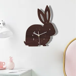 Wooden Cartoon Rabbit Wall Clock Silent Non Ticking Cute Animal Wall Hanging Clock For Kids Room Bedroom Decor