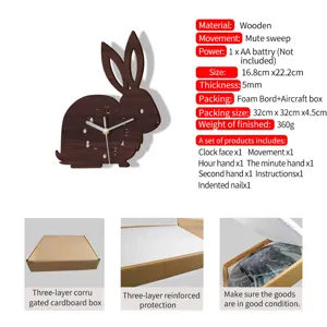 Wooden rabbit wall clock detail showing size dimensions, mute movement specs, and packaging.