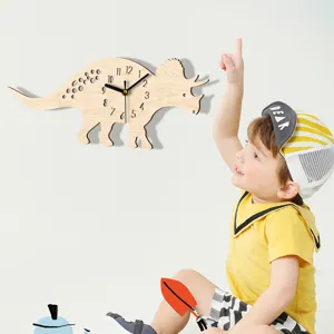 Detailed scene of a wooden dinosaur wall clock hanging in a child bedroom, cute and creative.