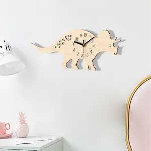 Wooden dinosaur wall clock silent cartoon animal hanging clock for kids bedroom decor