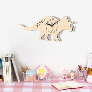 Wooden dinosaur wall clock for kids bedroom, silent cartoon animal wall hanging home decor.