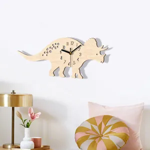 Wooden dinosaur wall clock silent cartoon hanging clock for kids room bedroom decor.