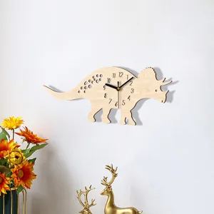 Wooden dinosaur wall clock, cute cartoon animal design, silent wall decor for kids room.