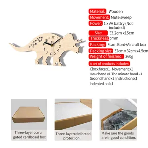 Wooden triceratops wall clock with mute sweep movement, ideal for kids bedroom decor.