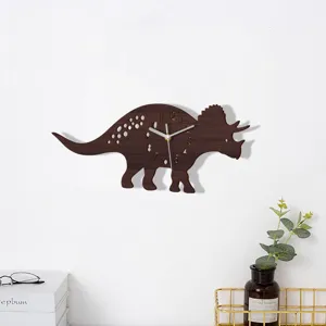 Wooden dinosaur wall clock detail, silent triceratops kids room decor hanging timepiece.