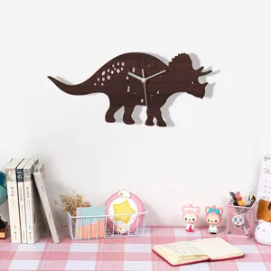 Wooden dinosaur wall clock for kids bedroom decor, silent quartz mechanism, cute animal design.