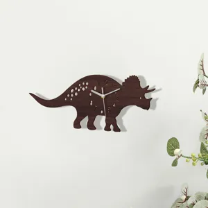 Wooden dinosaur wall clock for kids room, silent cute triceratops hanging clock decoration.