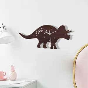 Wooden triceratops wall clock, silent cartoon animal hanging clock for kids room bedroom decor.