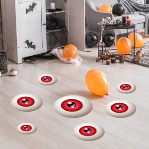 Halloween creepy eyeball floor stickers scene detail, scary red bloody eye decals for party.