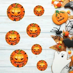 Halloween round pumpkin stickers for holiday party decoration and wall floor decor details.