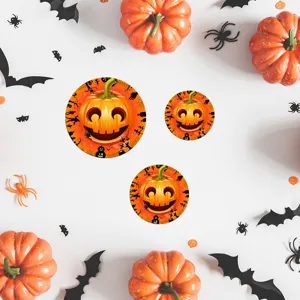 Halloween round pumpkin face stickers, festive wall and floor decor decals for party.