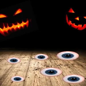Halloween scary eyeball floor stickers detail view, horror pumpkin decor for party.