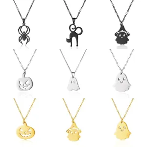 Collier Pendentif Halloween en Acier Inoxydable Or Argent Noir Fantôme Citrouille Araignée Chat Bijoux Gothiques pour Femmes Hommes