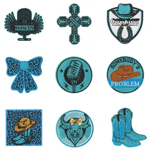 Western Cowboy Cartoon Embroidery Patches Iron On Appliques Boot Hat Bull Music Decorative Cloth Patches For Clothing