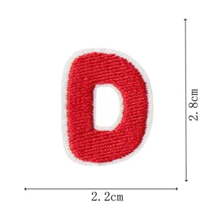 Red embroidered letter D patch, cute DIY clothing accessory, detailed view showing size.