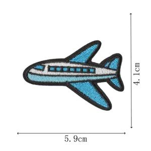 Detailed close-up of blue and white cartoon airplane embroidered patch showing size dimensions.